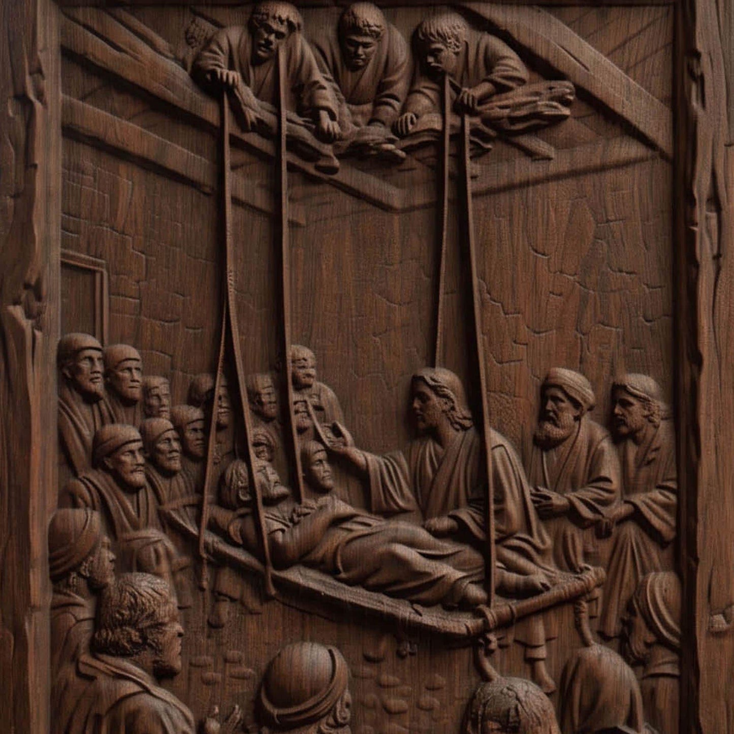 Jesus Christ Healing the Paralyzed Man Brought From the Roof Wooden Carved Handmade Christian Icon Byzantine Greek Orthodox Home Decor Cretan Holy Carvings