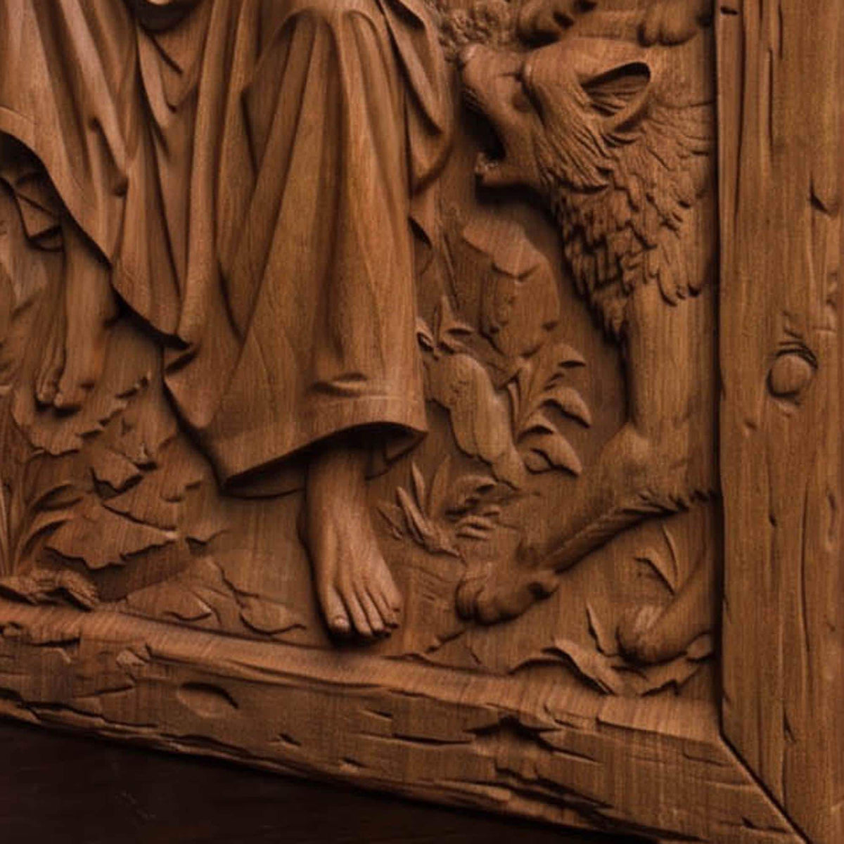 Jesus Christ Protecting Us Against the Wolves Wooden Carved Handmade Christian Icon Byzantine Greek Orthodox Home Decor Cretan Holy Carvings
