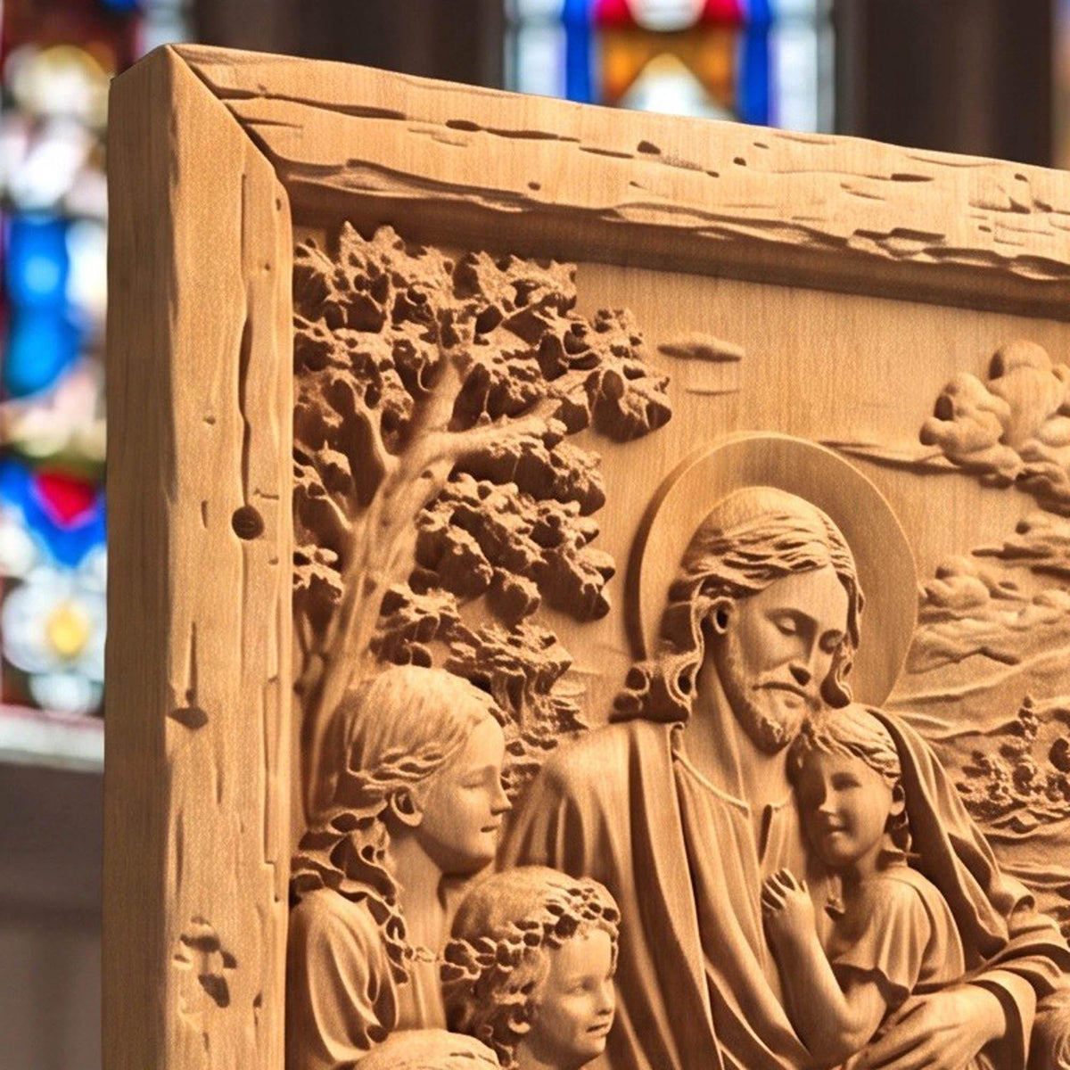 Jesus Christ Blessing the Children Wooden Carved Handmade Christian Icon Byzantine Greek Orthodox Home Decor Cretan Holy Carvings