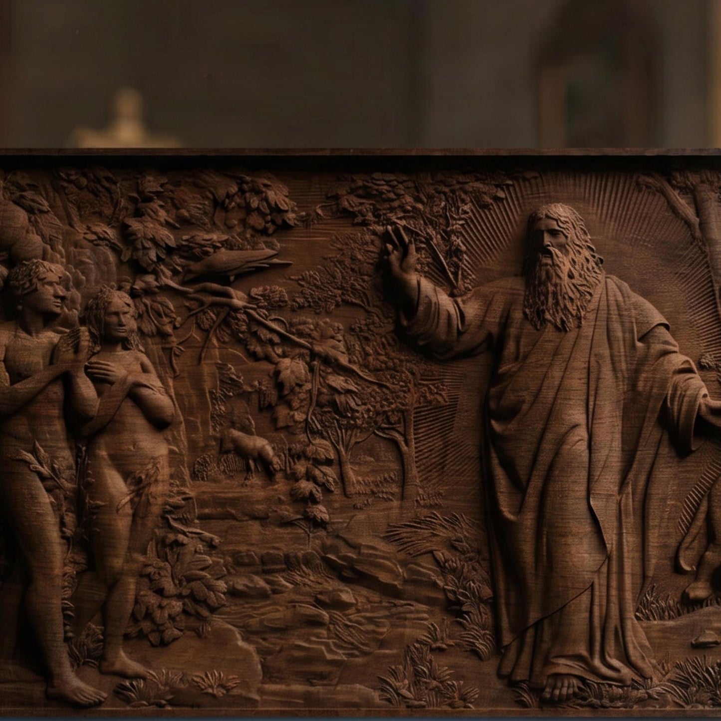 God Adam and Eve Wooden Bas Relief | Wood Panel Art | Sculptural Gift Idea