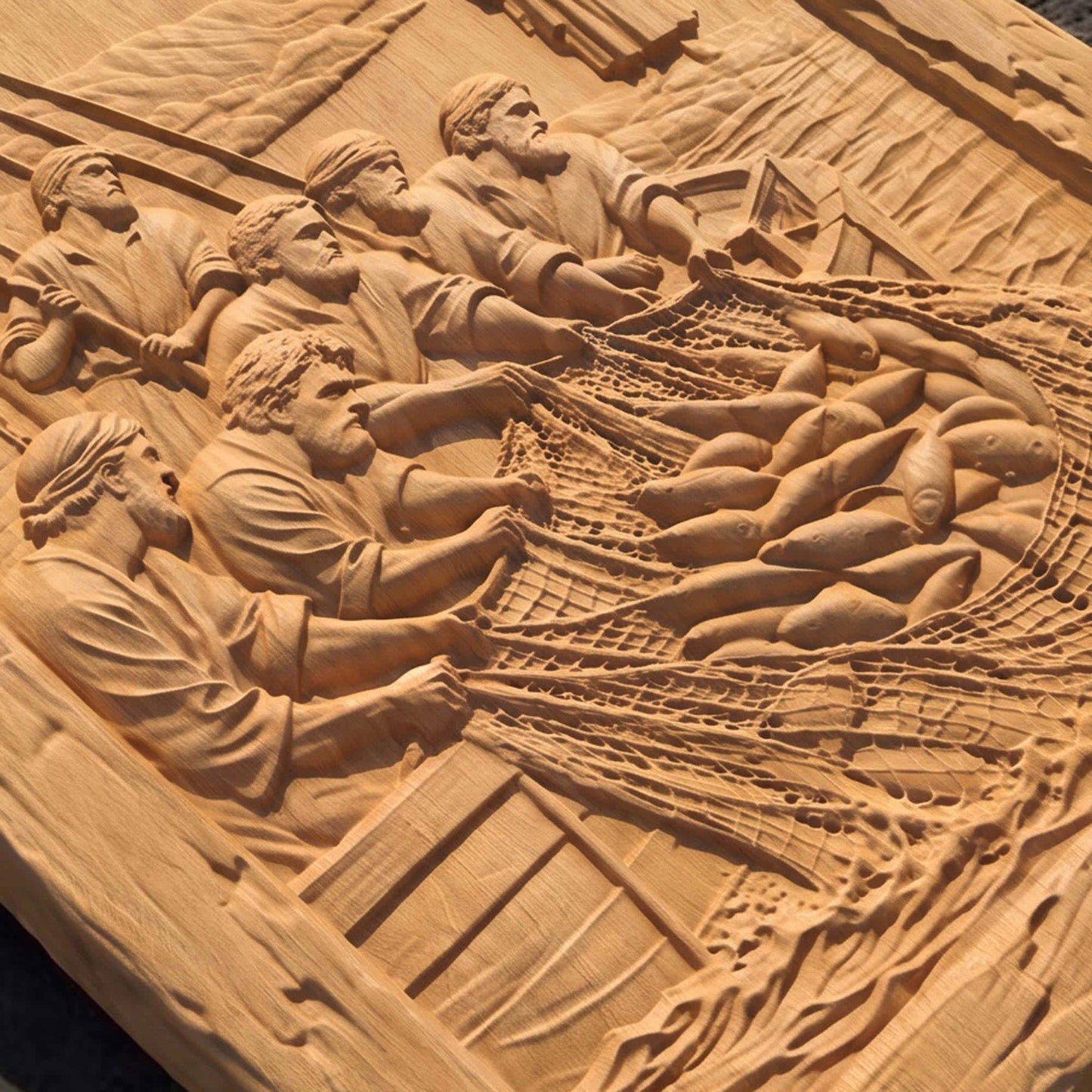 Jesus and the Miraculous Catch of Fish Wooden Carved Handmade Christian Icon Byzantine Greek Orthodox Home Decor Cretan Holy Carvings