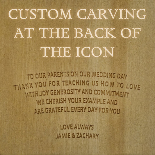 The image is a personalized message carved into a wooden surface, expressing gratitude and love for the parents on a wedding day.