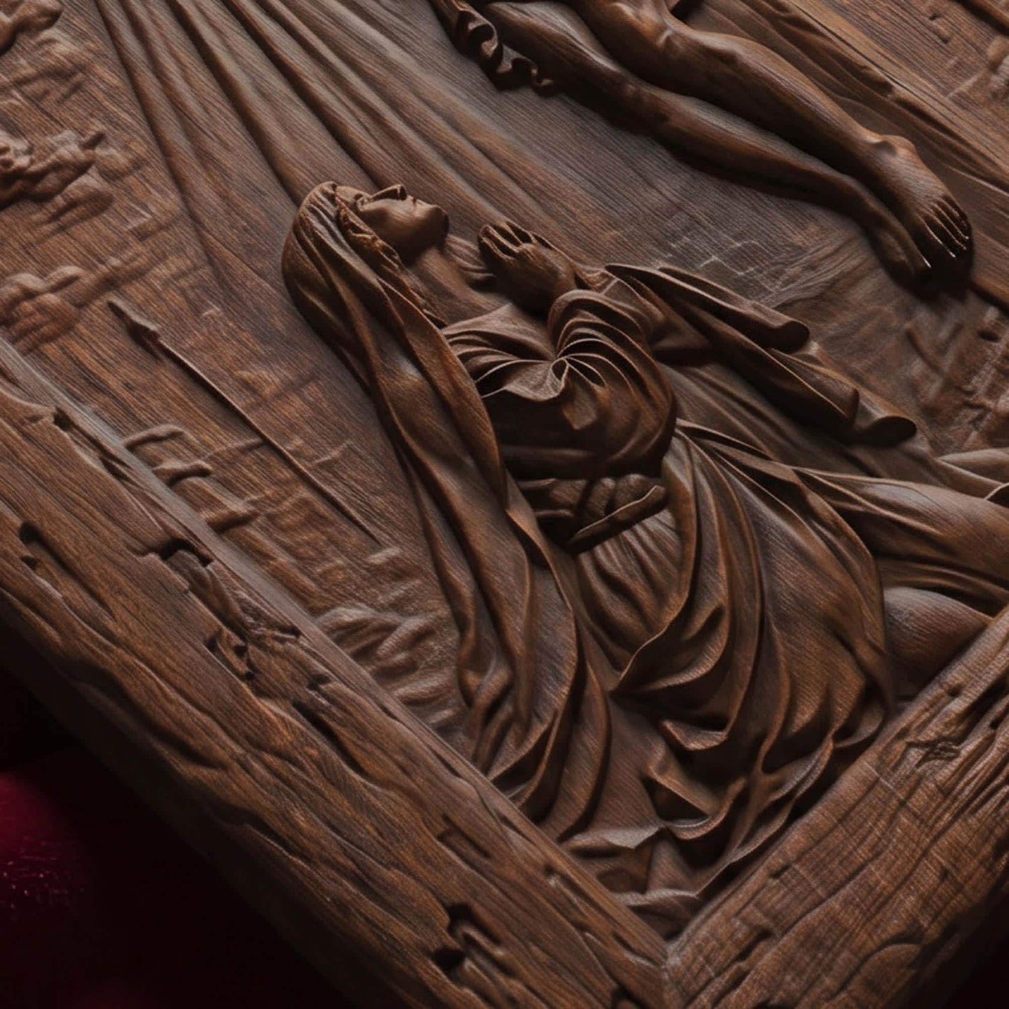 Mother Mary Under the Cross Wooden Carved Handmade Christian Icon Byzantine Greek Orthodox Home Decor Cretan Holy Carvings