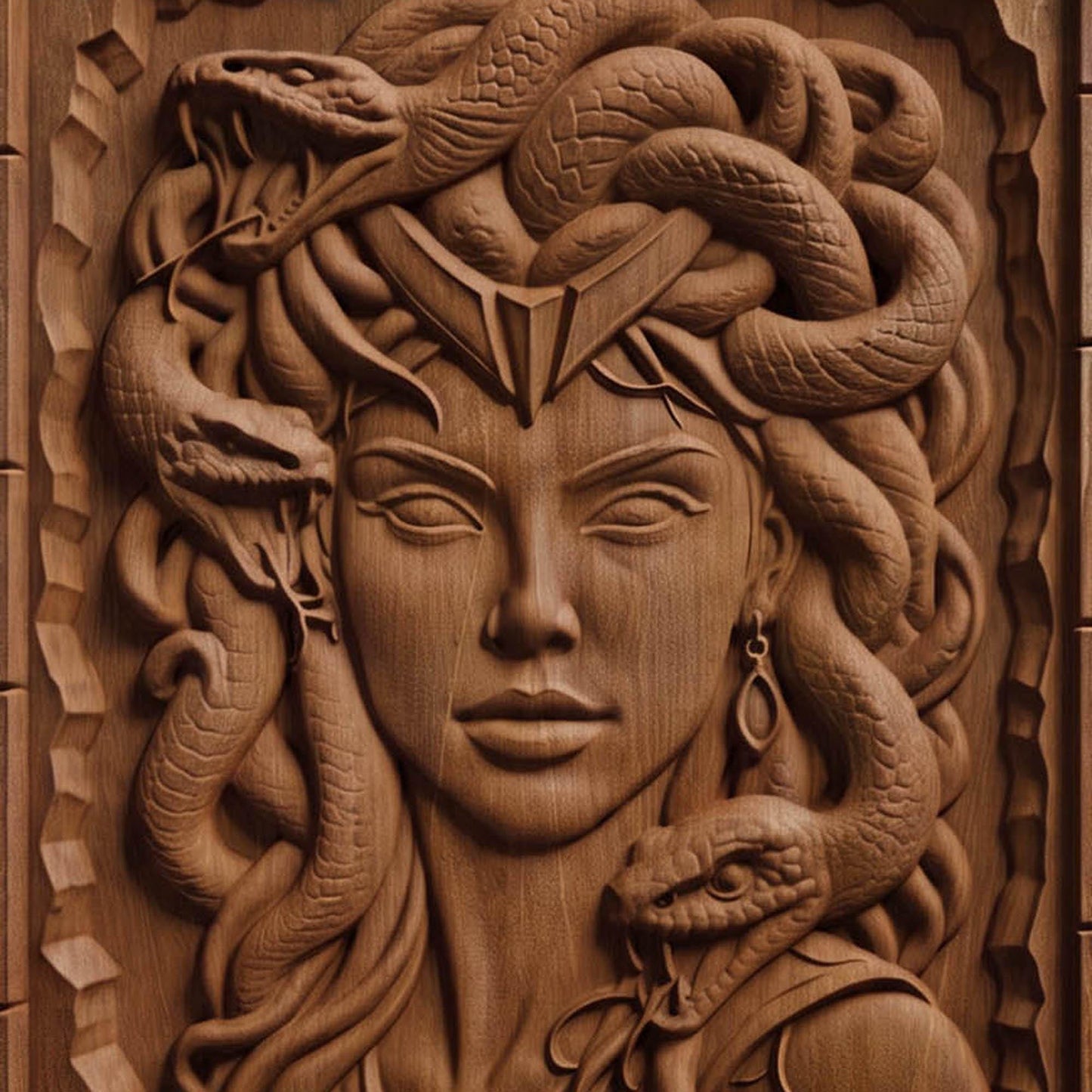 Beautiful Medusa from Ancient Greek Mythology 3D Wooden Bas Relief Panel Art Sculptural Gift Idea Cretan Holy Carvings