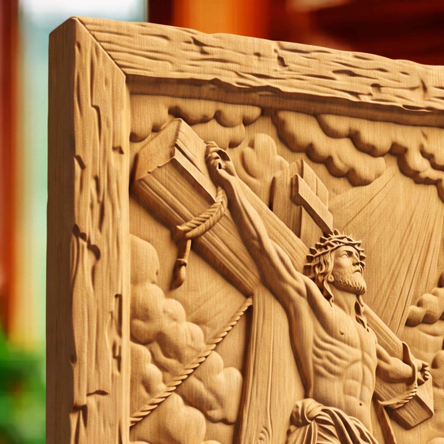 Jesus Crusifixion Wooden Carved Handmade Christian Icon Byzantine Greek Orthodox Home Art Decor Cretan Holy Carvings