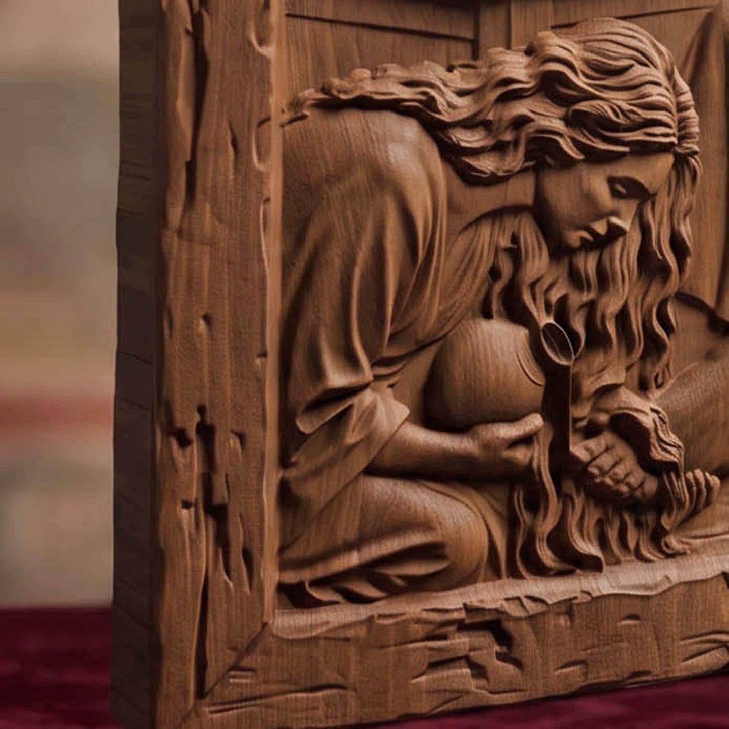 Mary Washing Jesus Christ Feet with Her Hair Wooden Carved Handmade Christian Icon Byzantine Greek Orthodox Home Decor Cretan Holy Carvings