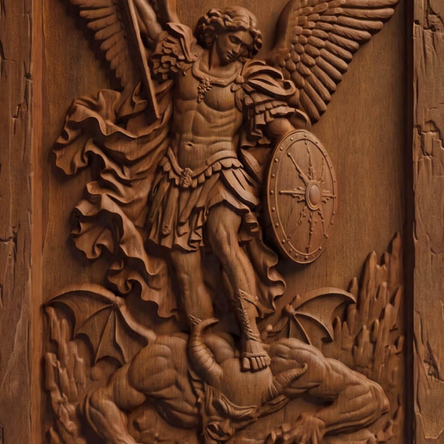 Archangel Michael Victorius Wooden Carved Handmade Christian Icon Byzantine Greek Orthodox Home Decor Cretan Holy Carvings