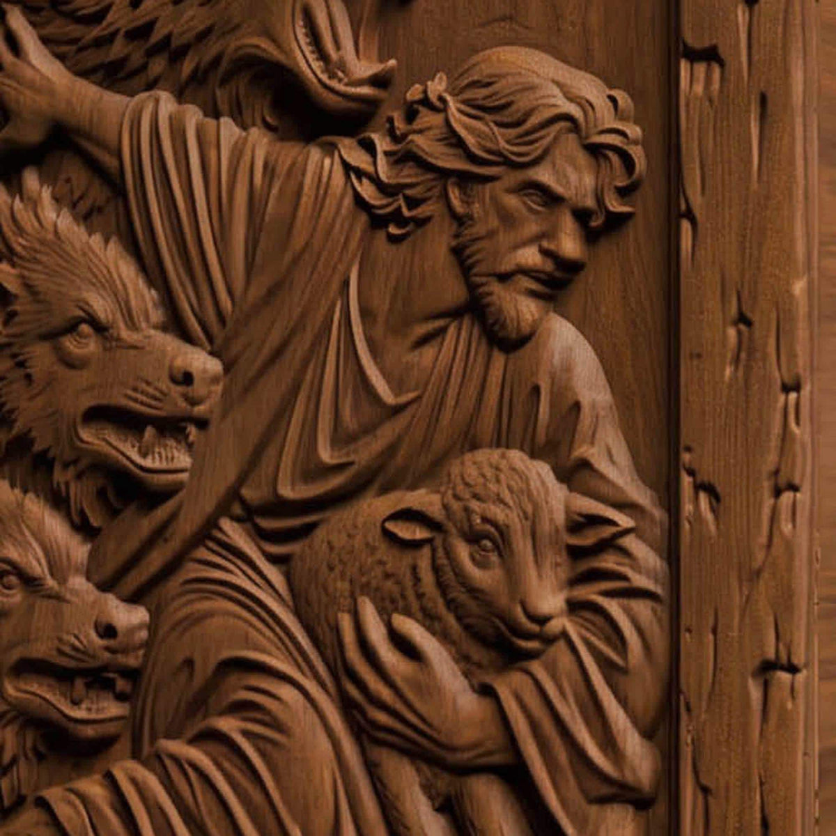 Jesus Saves from the Wolves Wooden Carved Handmade Christian Icon Byzantine Greek Orthodox Home Decor Cretan Holy Carvings