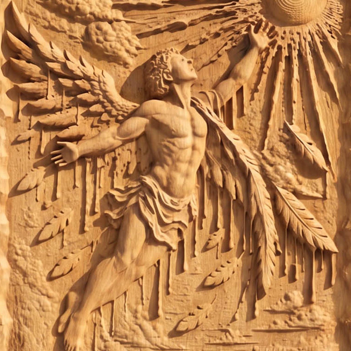 Icarus Melting Wings from Ancient Greek Mythology 3D Wooden Bas Relief Panel Art Sculptural Gift Idea Cretan Holy Carvings