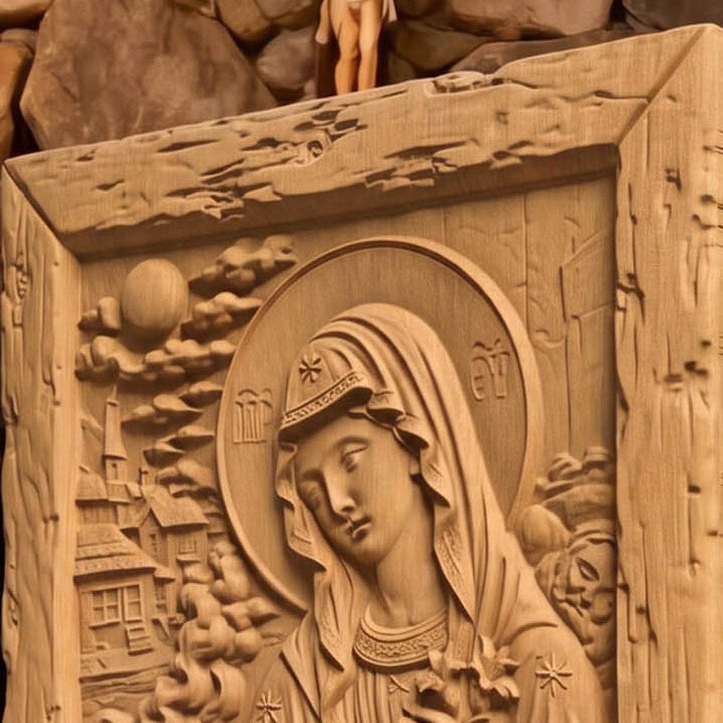 Virgin Mary Protects the Children Wooden Carved Handmade Christian Icon Byzantine Greek Orthodox Home Decor Cretan Holy Carvings