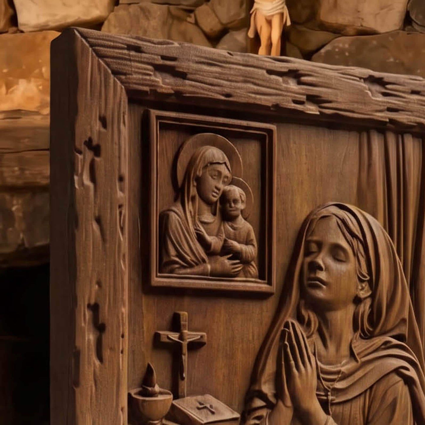 Young Girl Praying to God Wooden Carved Handmade Christian Icon Byzantine Greek Orthodox Home Decor Cretan Holy Carvings