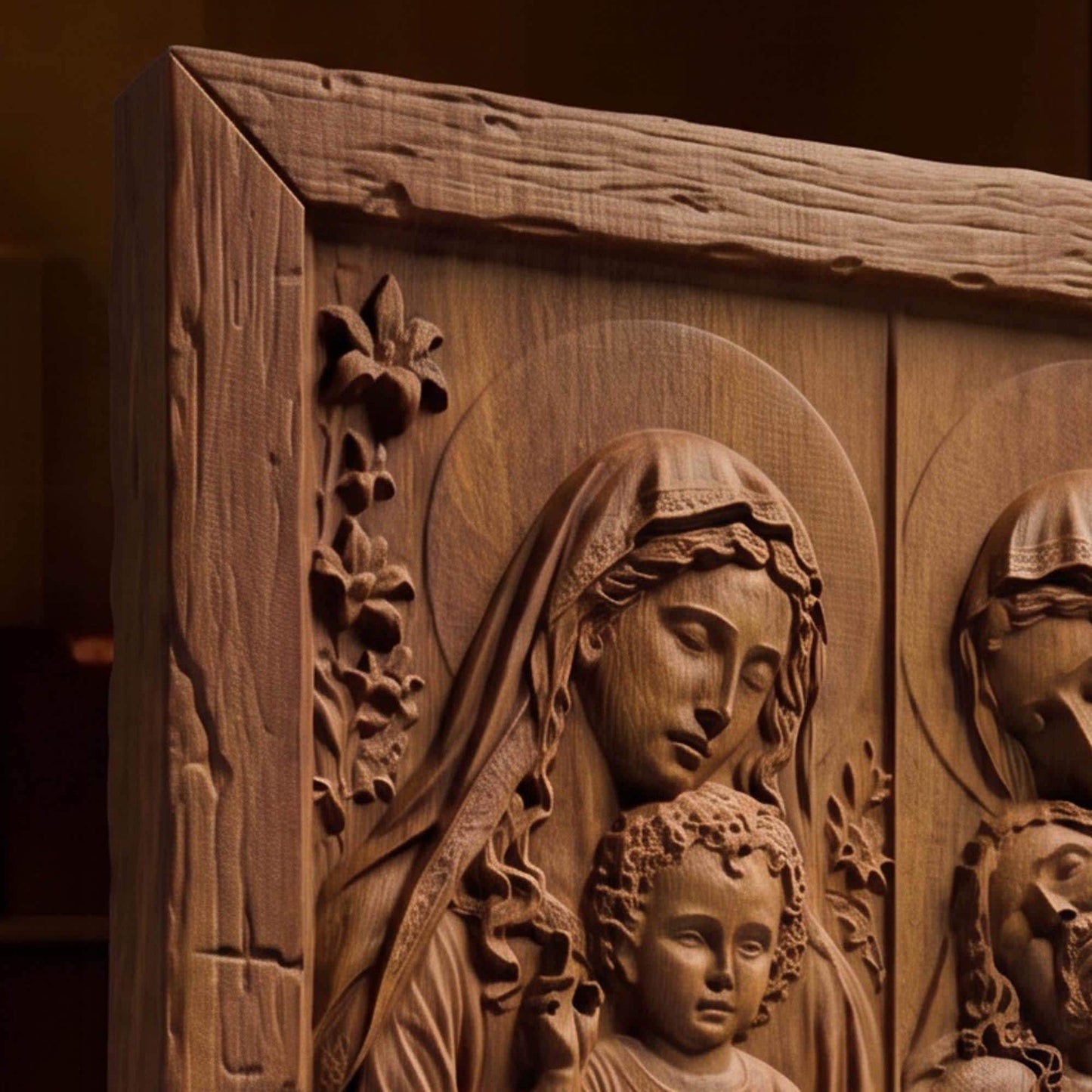 Jesus and Mother Mary Wooden Carved Handmade Christian Icon Byzantine Greek Orthodox Home Decor Cretan Holy Carvings