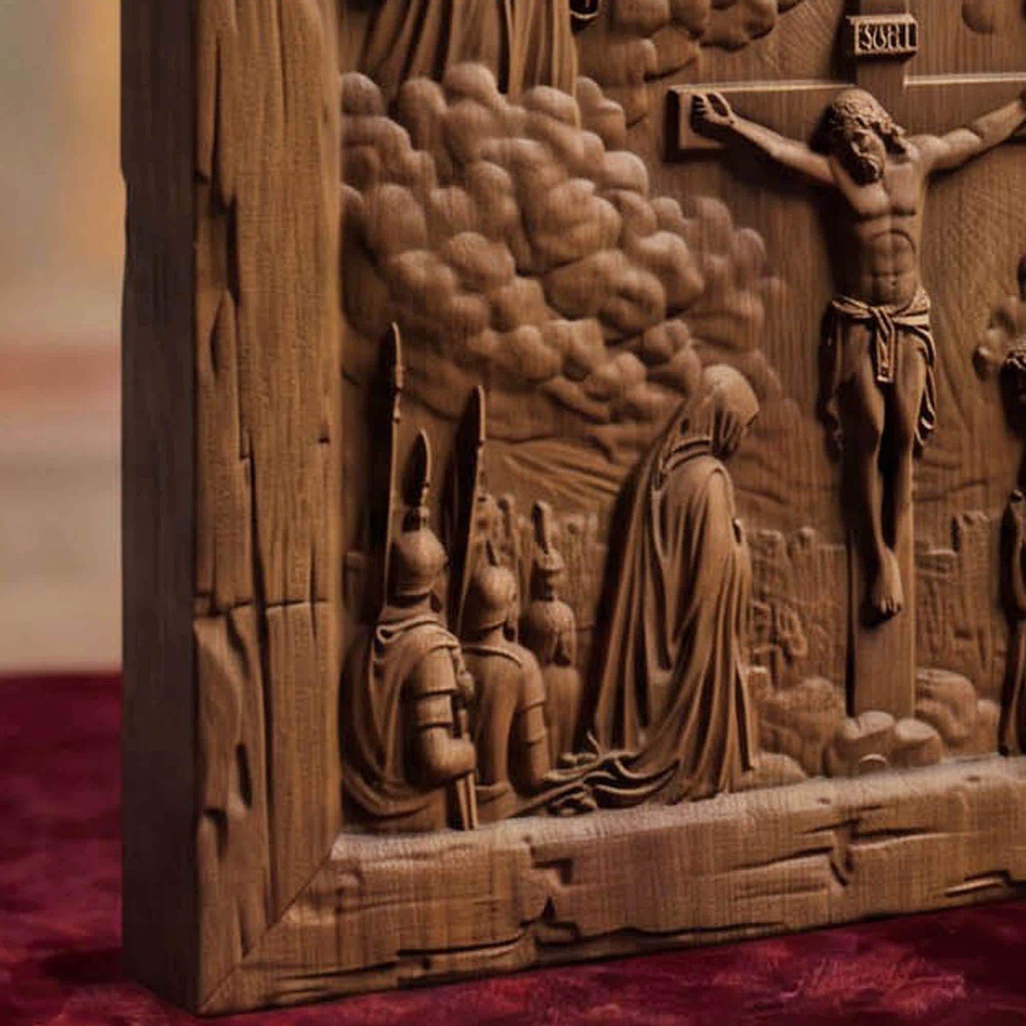 The Crucifixion Wooden Carved Handmade Christian Icon Byzantine Greek Orthodox Home Decor Cretan Holy Carvings