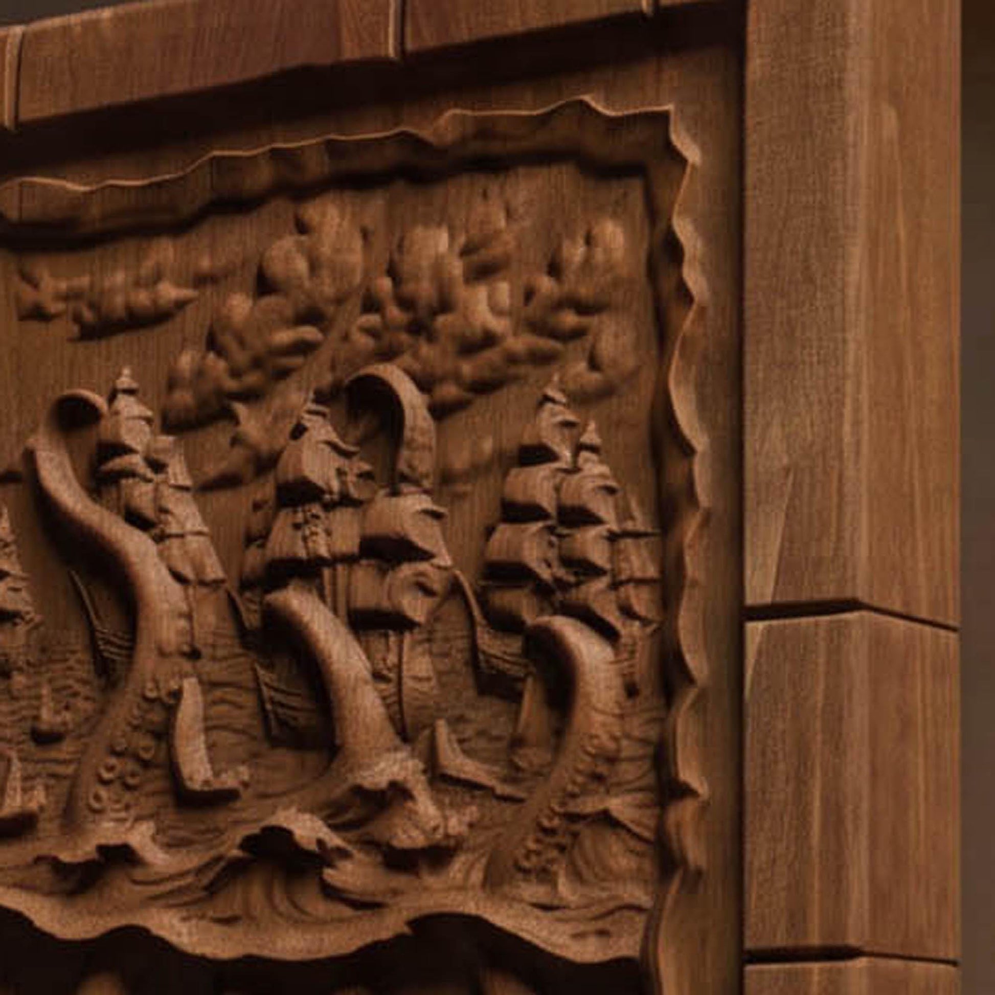 Kraken Atack on the Ships from Ancient Greek Mythology 3D Wooden Bas Relief Panel Art Sculptural Gift Idea Cretan Holy Carvings