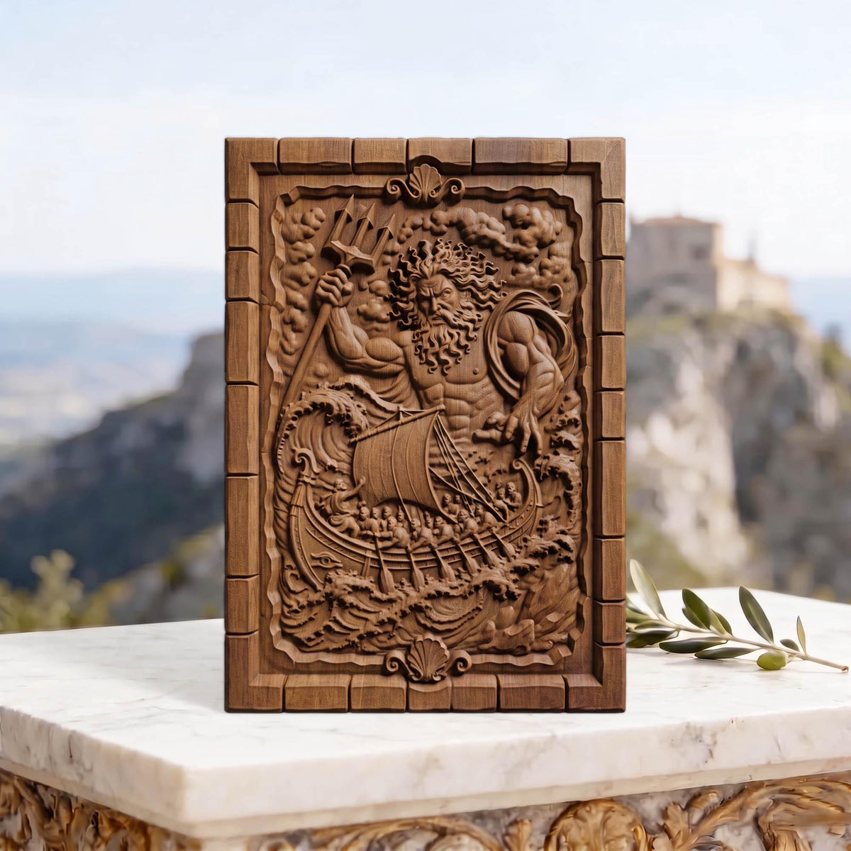 Poseidon Punishes Odysseus from Ancient Greek Mythology 3D Wooden Bas Relief Panel Art Sculptural Gift Idea Cretan Holy Carvings