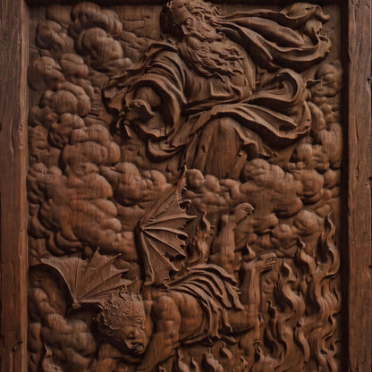 God Banishes Lucifer Wooden Carved Handmade Christian Icon  Byzantine Greek Orthodox Home Decor Cretan Holy Carvings