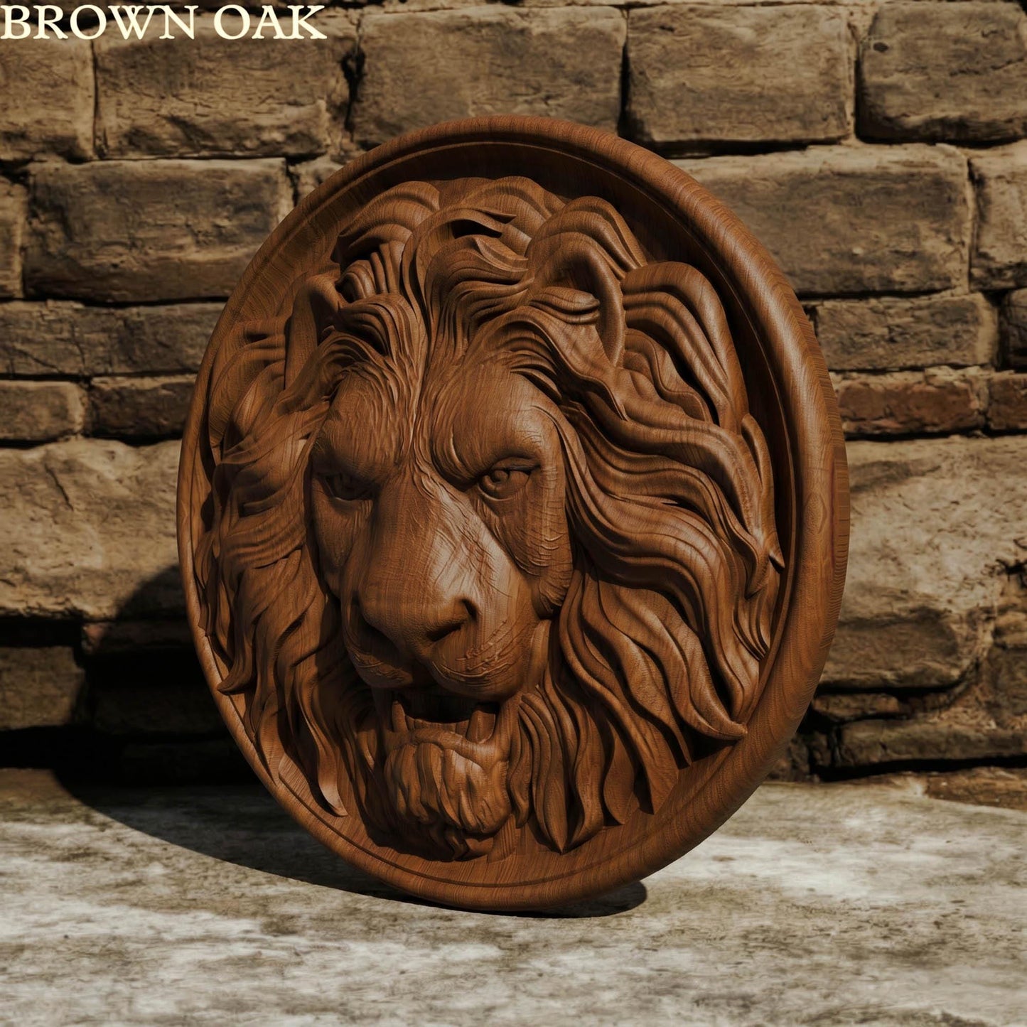 Lion Head in Plate Framed Bas Relief | Wooden Lion Carving | Sculptural Gift Idea
