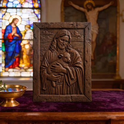 Jesus Holding Lamb Wooden Carved Handmade Christian Icon  Byzantine Greek Orthodox Home Decor Cretan Holy Carvings