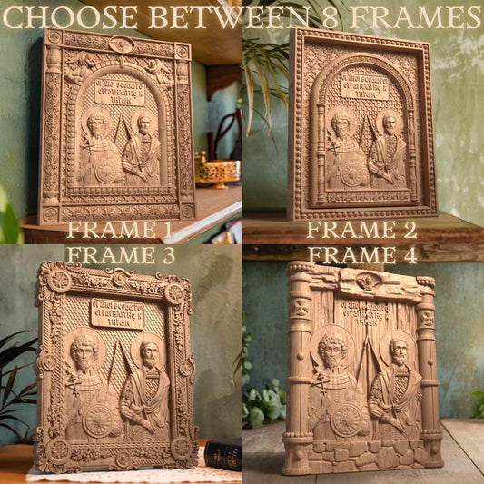 Άγιοι Θεόδωροι Τύρων και Στρατηλάτης Ξυλόγλυπτη Εικόνα.