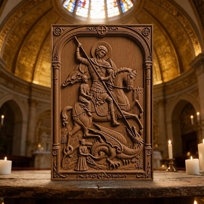 Saint George Kills the Dragon Wooden Carved Handmade Christian Icon Patron Saint of Military Brown Oak Cretan Holy Carvings