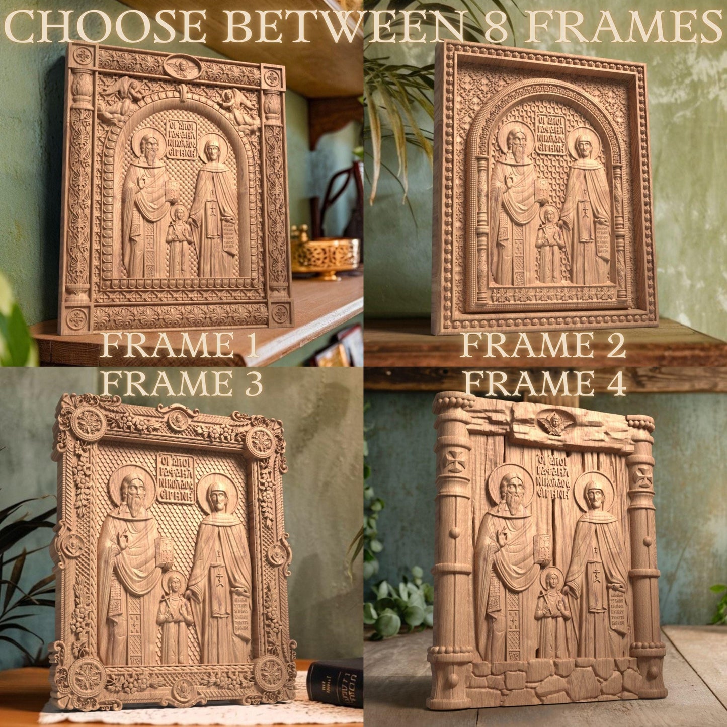 Άγιοι Ραφαήλ, Νικόλαος και Ειρήνη Ξυλόγλυπτη Εικόνα.