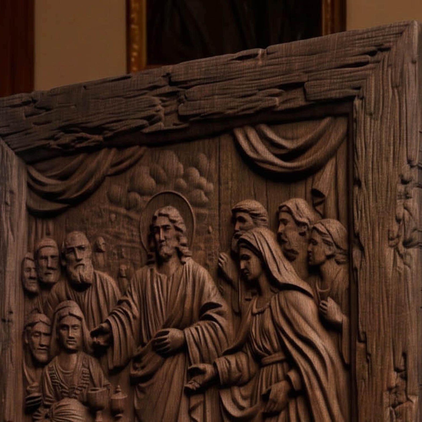 Jesus Christ and the Miracle at Cana Wooden Carved Handmade Christian Icon  Byzantine Greek Orthodox Home Decor Cretan Holy Carvings