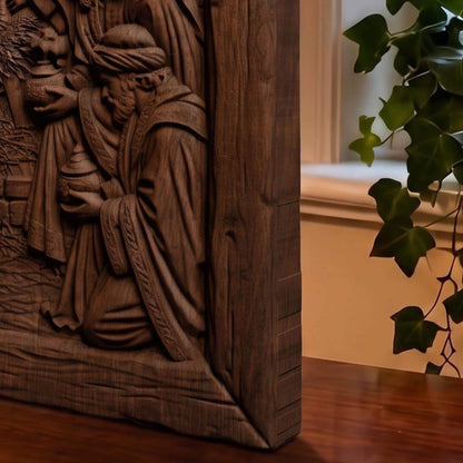 Jesus Christ and the Three Magicians Wooden Carved Handmade Christian Icon  Byzantine Greek Orthodox Home Decor Cretan Holy Carvings