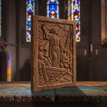 Jesus Christ Calms the Waters Wooden Carved Handmade Christian Icon  Byzantine Greek Orthodox Home Decor Cretan Holy Carvings