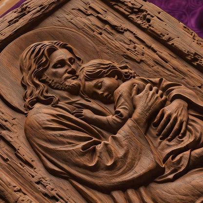 Jesus Holding Child Wooden Carved Handmade Christian Icon | Byzantine Greek Orthodox Home Decor