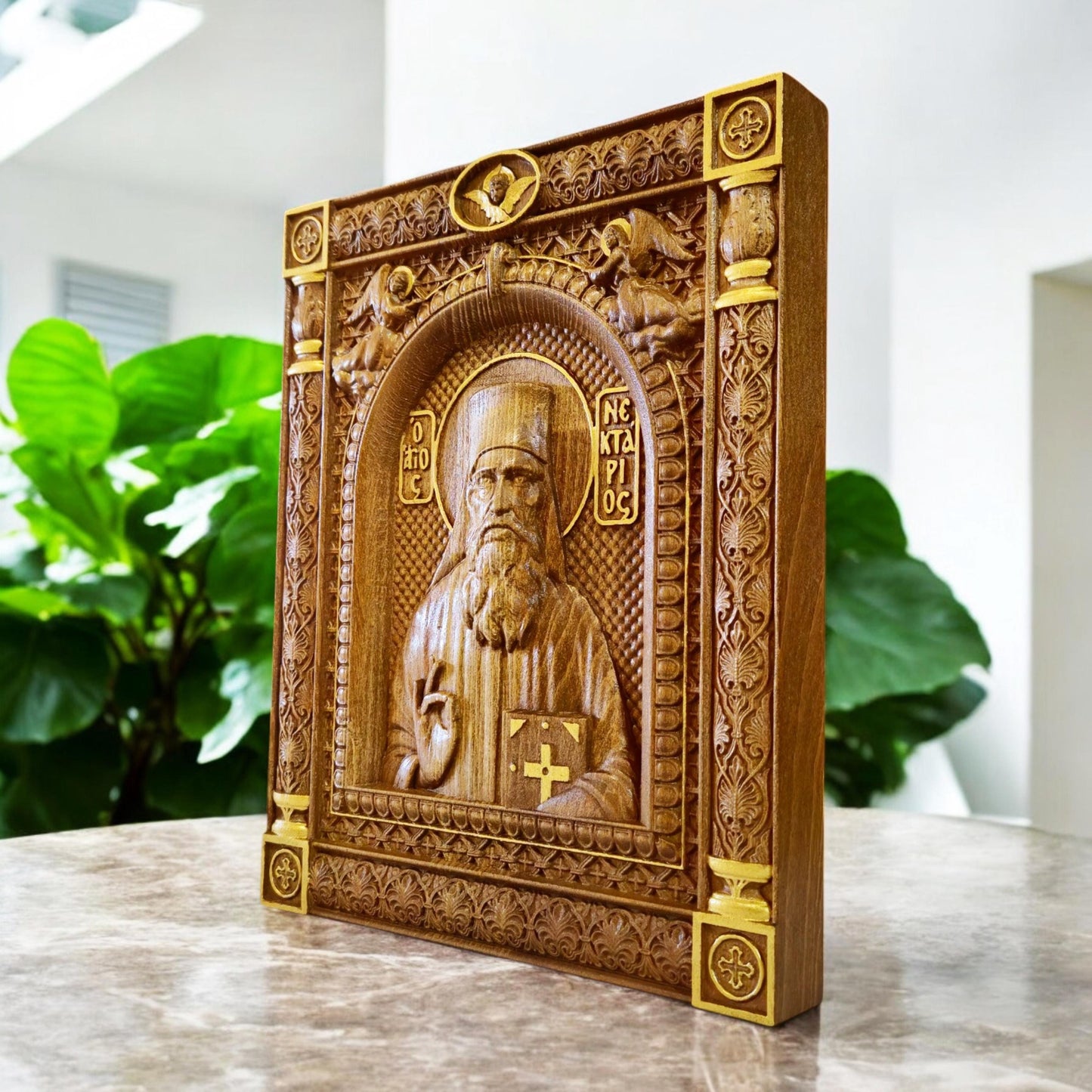 Άγιος Νεκτάριος Αιγίνης Ξυλόγλυπτη Εικόνα.
