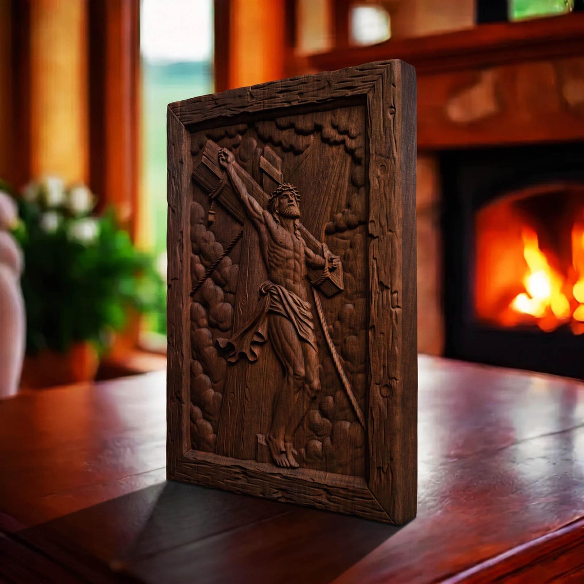 Jesus Crusifixion Wooden Carved Handmade Christian Icon  Byzantine Greek Orthodox Home Art Decor Cretan Holy Carvings