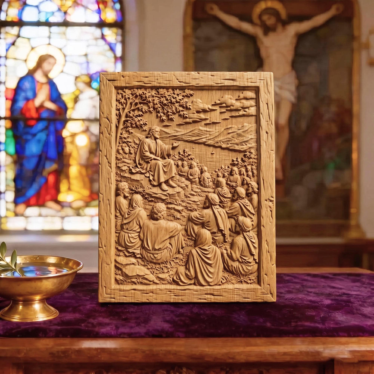 Jesus Christ Teaching the Crowds Wooden Carved Handmade Christian Icon  Byzantine Greek Orthodox Home Decor Cretan Holy Carvings