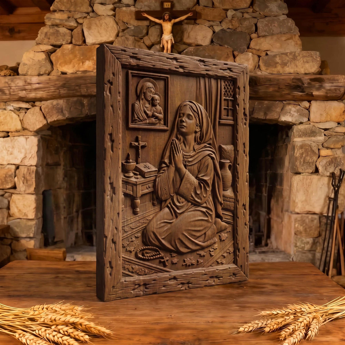 Young Girl Praying to God Wooden Carved Handmade Christian Icon  Byzantine Greek Orthodox Home Decor Cretan Holy Carvings