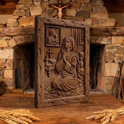Young Girl Praying to God Wooden Carved Handmade Christian Icon  Byzantine Greek Orthodox Home Decor Cretan Holy Carvings
