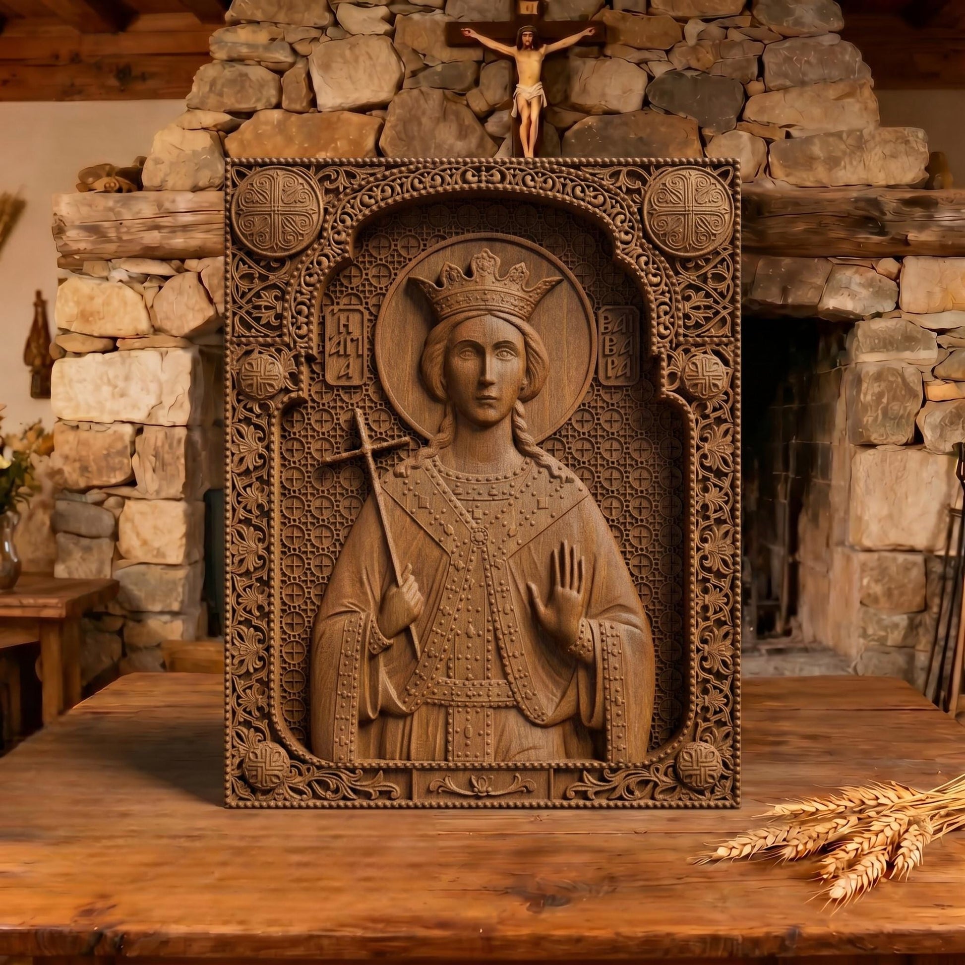 Saint Barbara Wooden Carved Handmade Christian Icon Patron Saint of Artillerymen Cretan Holy Carvings
