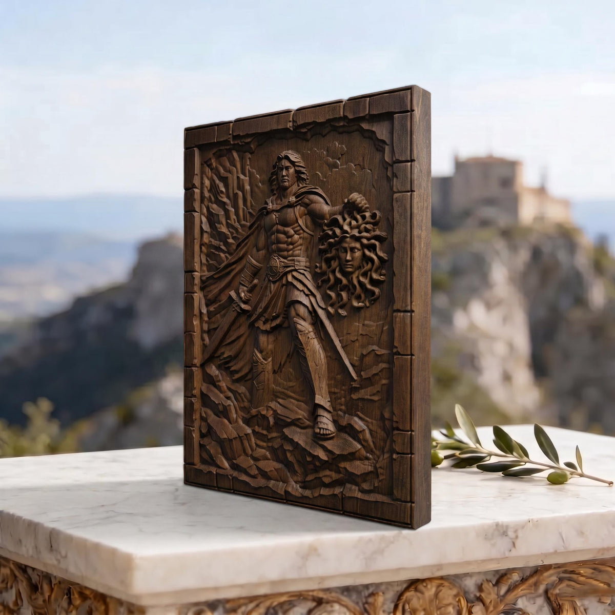 Perseus Cut Medusa's Head from Ancient Greek Mythology 3D Wooden Bas Relief Panel Art Sculptural Gift Idea Cretan Holy Carvings
