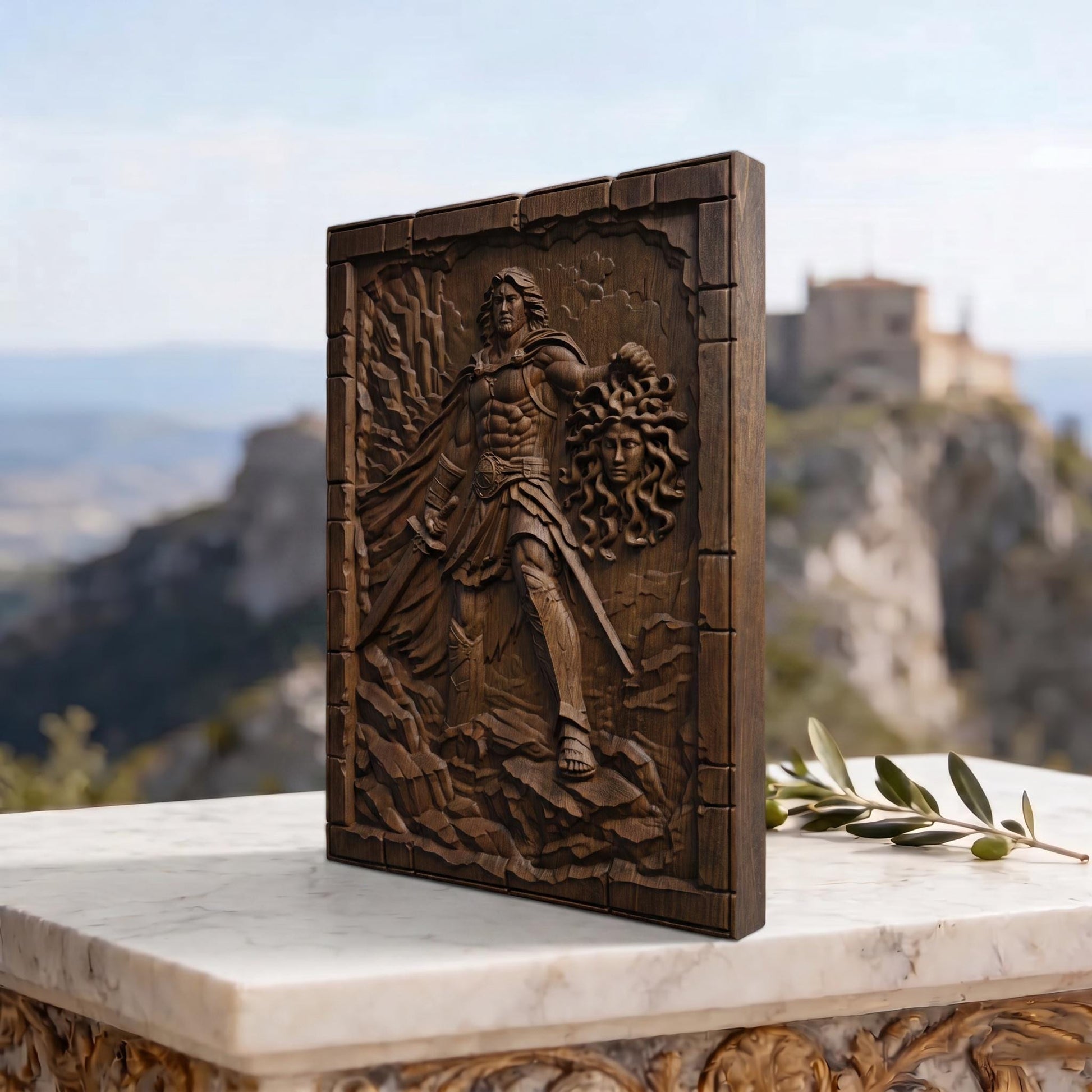 Perseus Cut Medusa's Head from Ancient Greek Mythology 3D Wooden Bas Relief Panel Art Sculptural Gift Idea Cretan Holy Carvings
