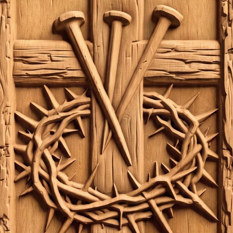 The Cross, Nails and Crown of Thorns Wooden Carved Handmade Christian Icon  Byzantine Greek Orthodox Home Decor Cretan Holy Carvings