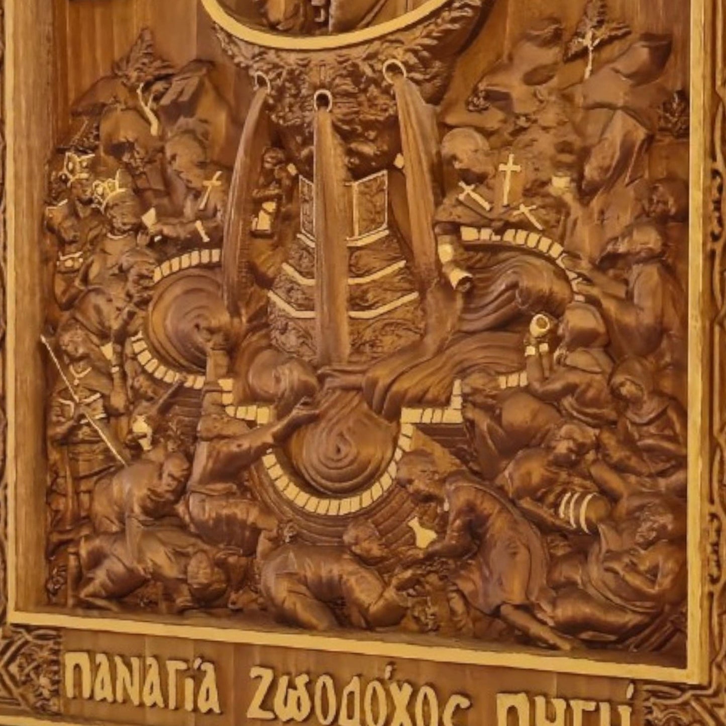 Mother of God Life-giving Spring Wooden Carved Handmade Christian Icon. Byzantine Greek Orthodox Decor.