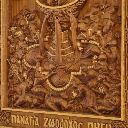 Mother of God Life-giving Spring Wooden Carved Handmade Christian Icon. Byzantine Greek Orthodox Decor.