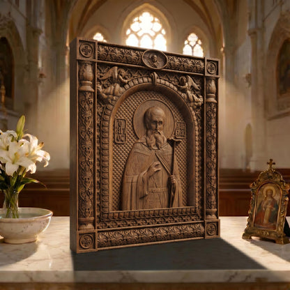 Saint Savvas the Sanctified Wooden Carved Handmade Christian Icon | Byzantine Greek Orthodox Home Art Decor