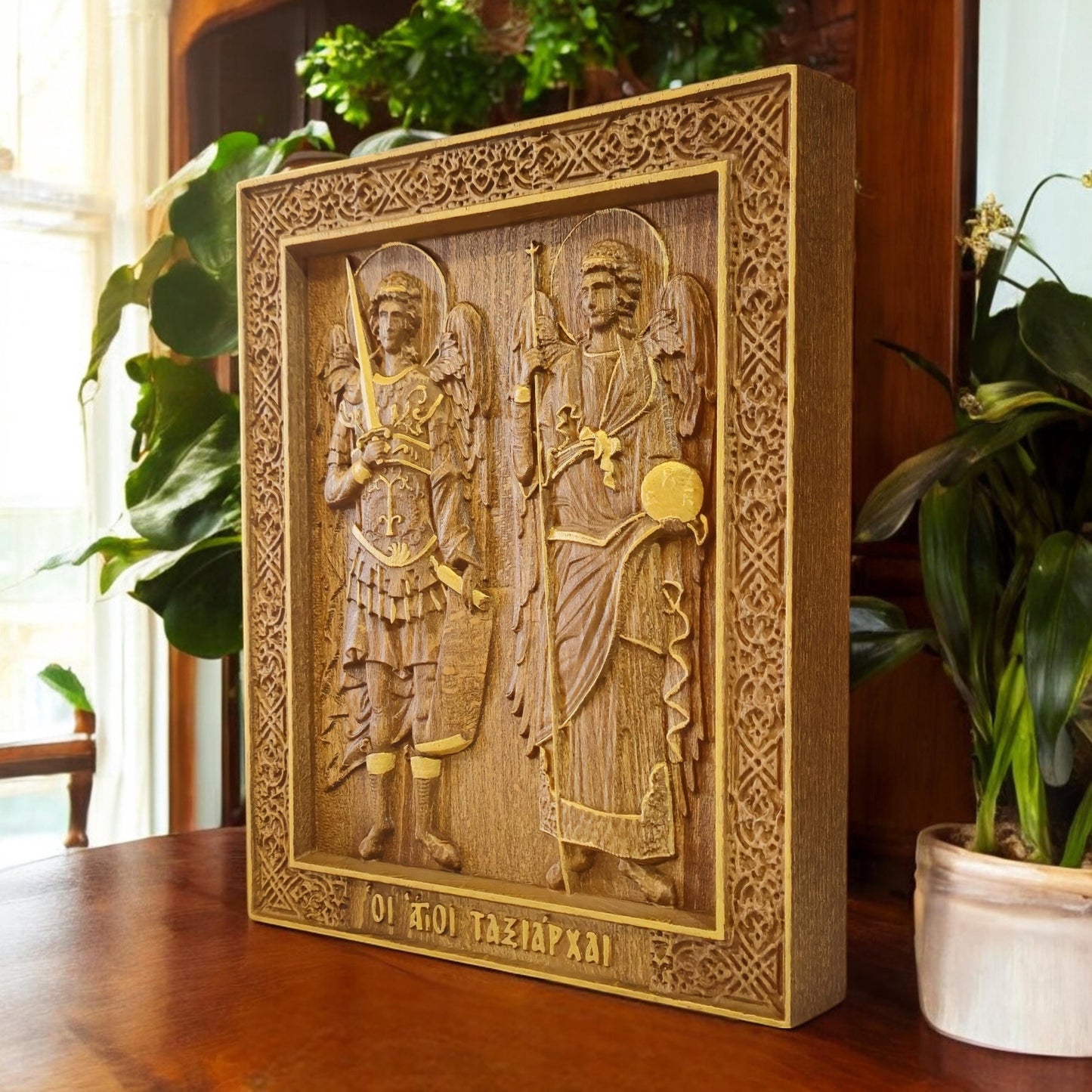 Archangels Michael and Gabriel Wooden Carved Handmade Christian Icon. Byzantine Greek Orthodox Home Decor.