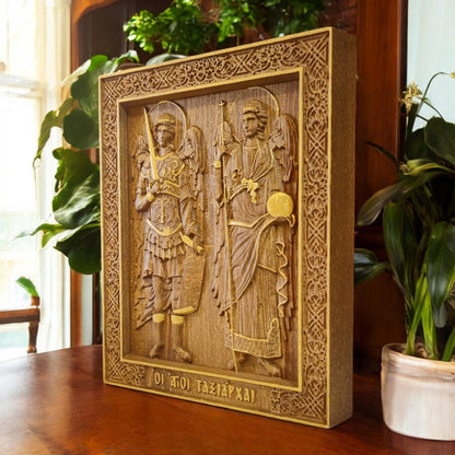 Archangels Michael and Gabriel Wooden Carved Handmade Christian Icon. Byzantine Greek Orthodox Home Decor.