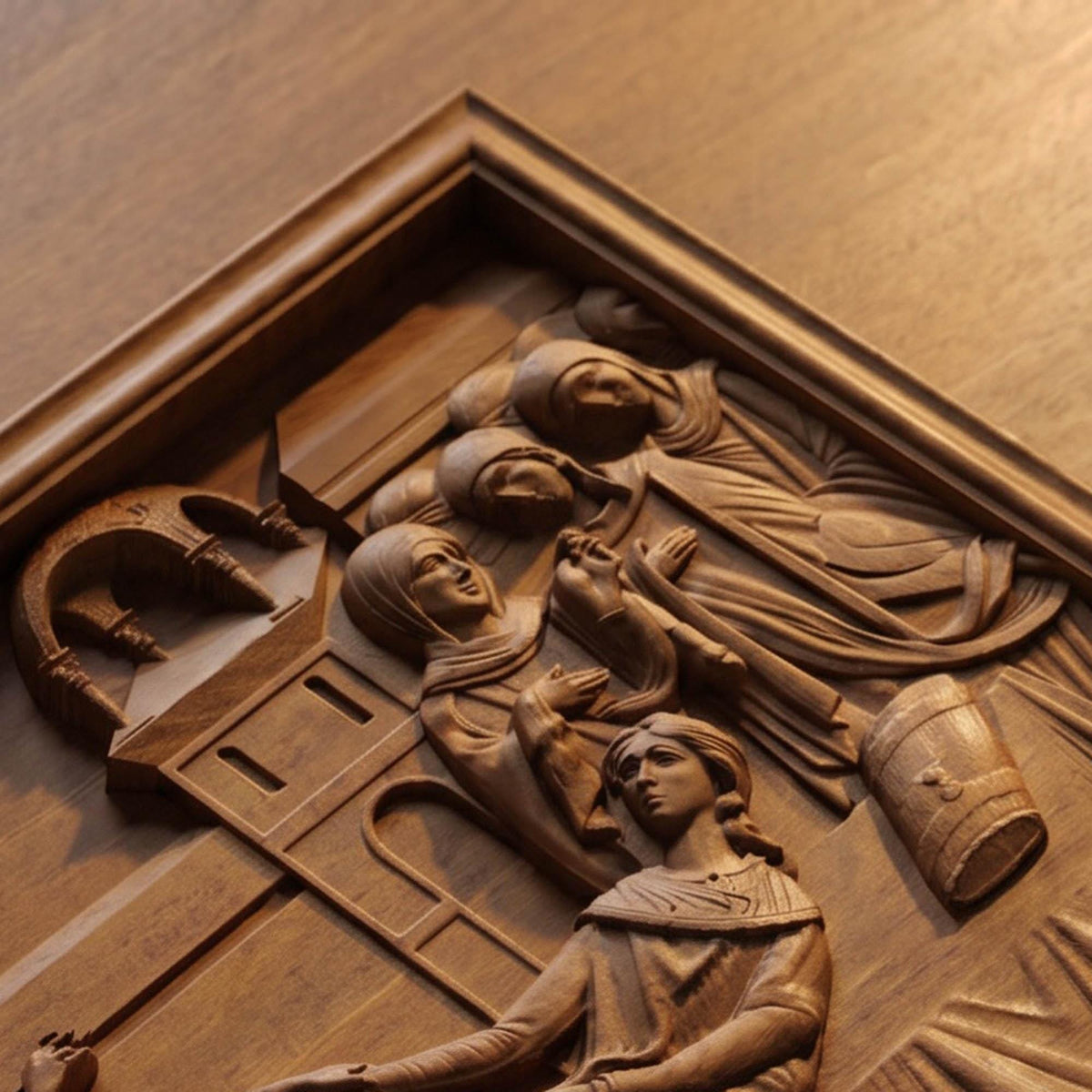 Apostle Peter Raising Tabitha Wooden Carved Handmade Christian Icon | Byzantine Greek Orthodox Home Art Decor Cretan Holy Carvings