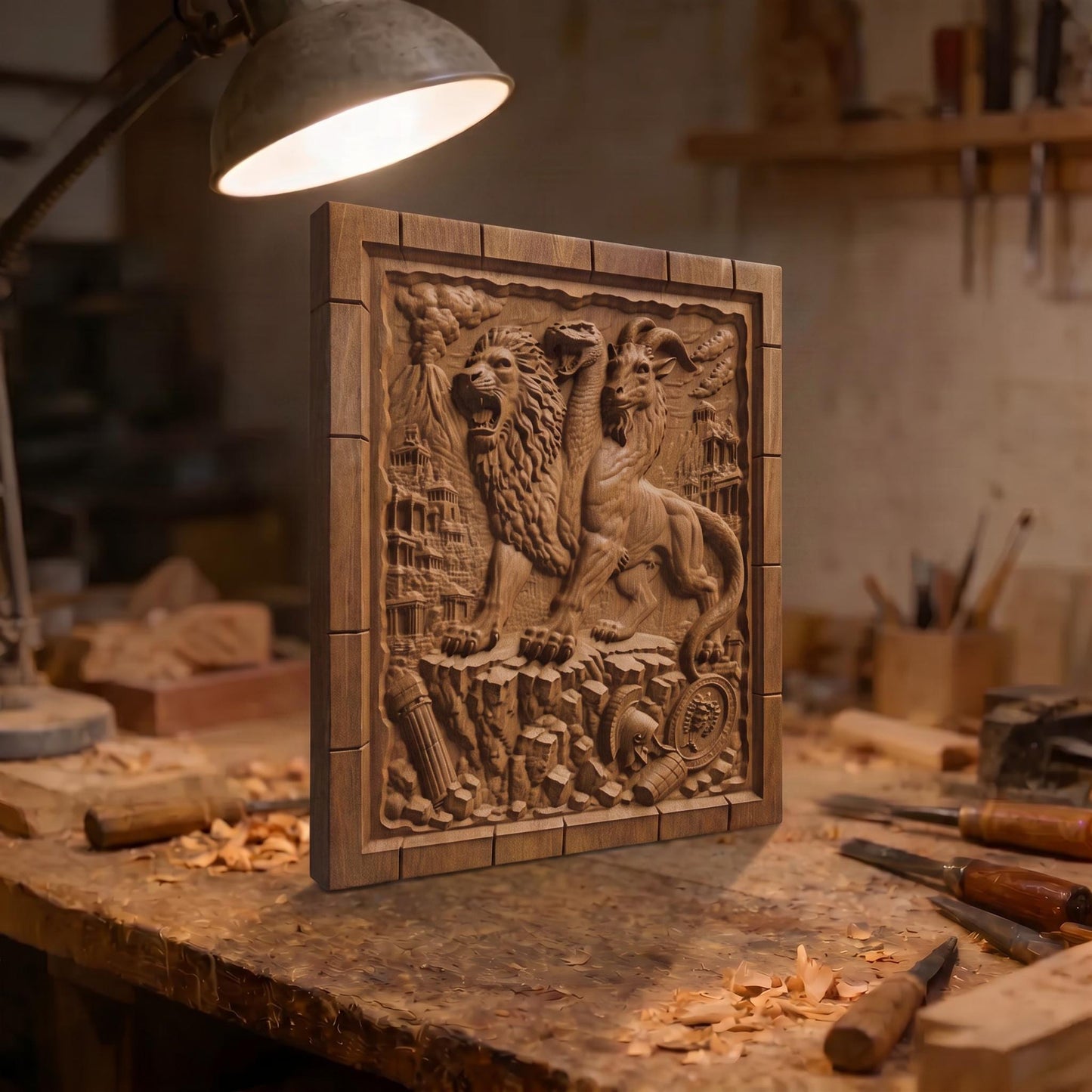Chimera the Mythical Beast from Ancient Greek Mythology 3D Wooden Bas Relief Panel Art Sculptural Gift Idea Cretan Holy Carvings