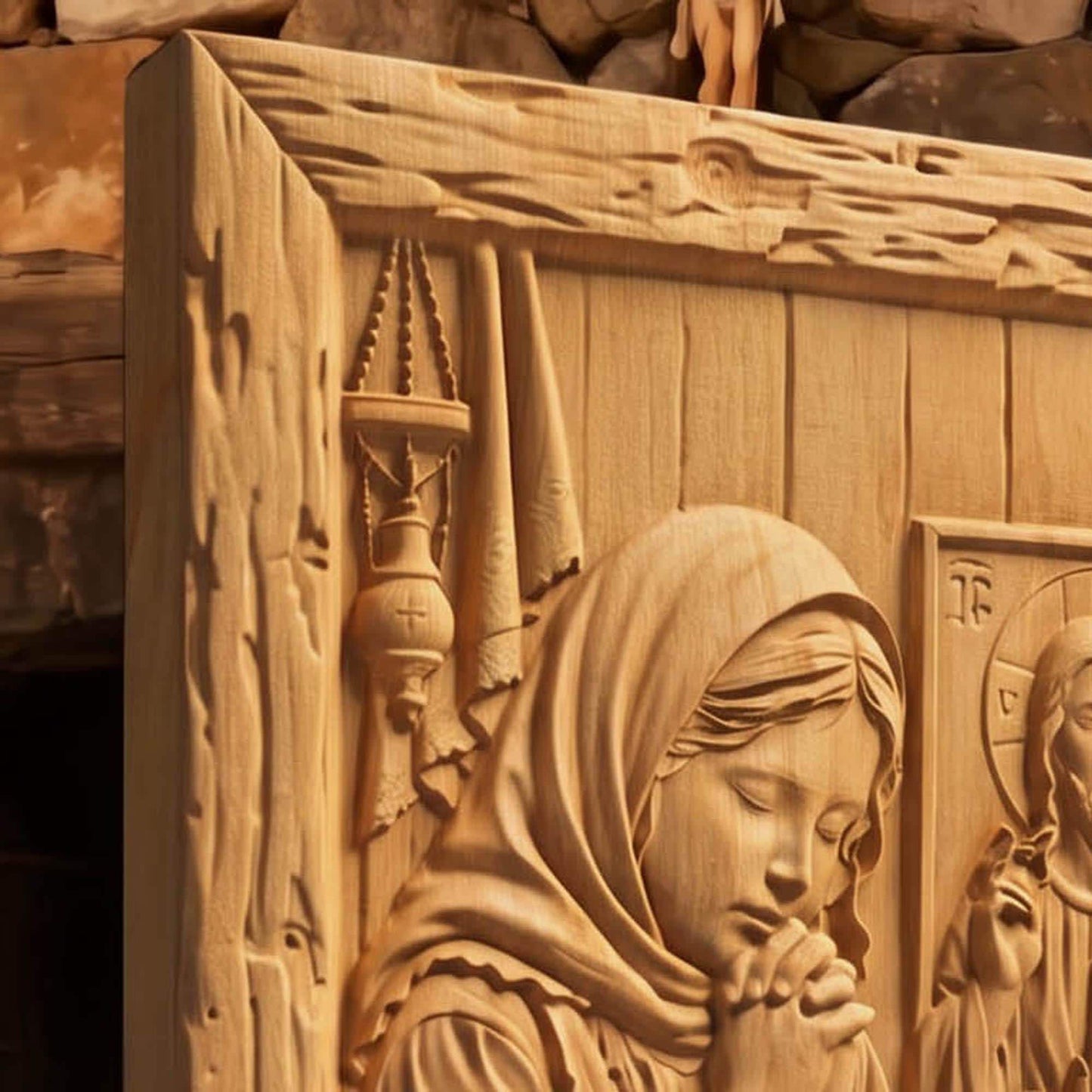 Young Girl Praying Wooden Carved Handmade Christian Icon  Byzantine Greek Orthodox Home Decor Cretan Holy Carvings