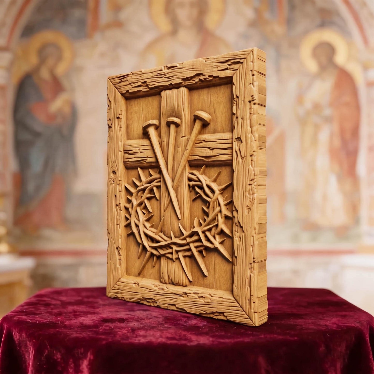 The Cross, Nails and Crown of Thorns Wooden Carved Handmade Christian Icon  Byzantine Greek Orthodox Home Decor Cretan Holy Carvings