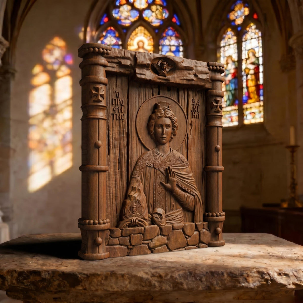 Prophet Daniel Wooden Carved Handmade Christian Icon Patron Saint of Courage, Fortitude, and Strength Left Side Brown Oak Cretan Holy Carvings