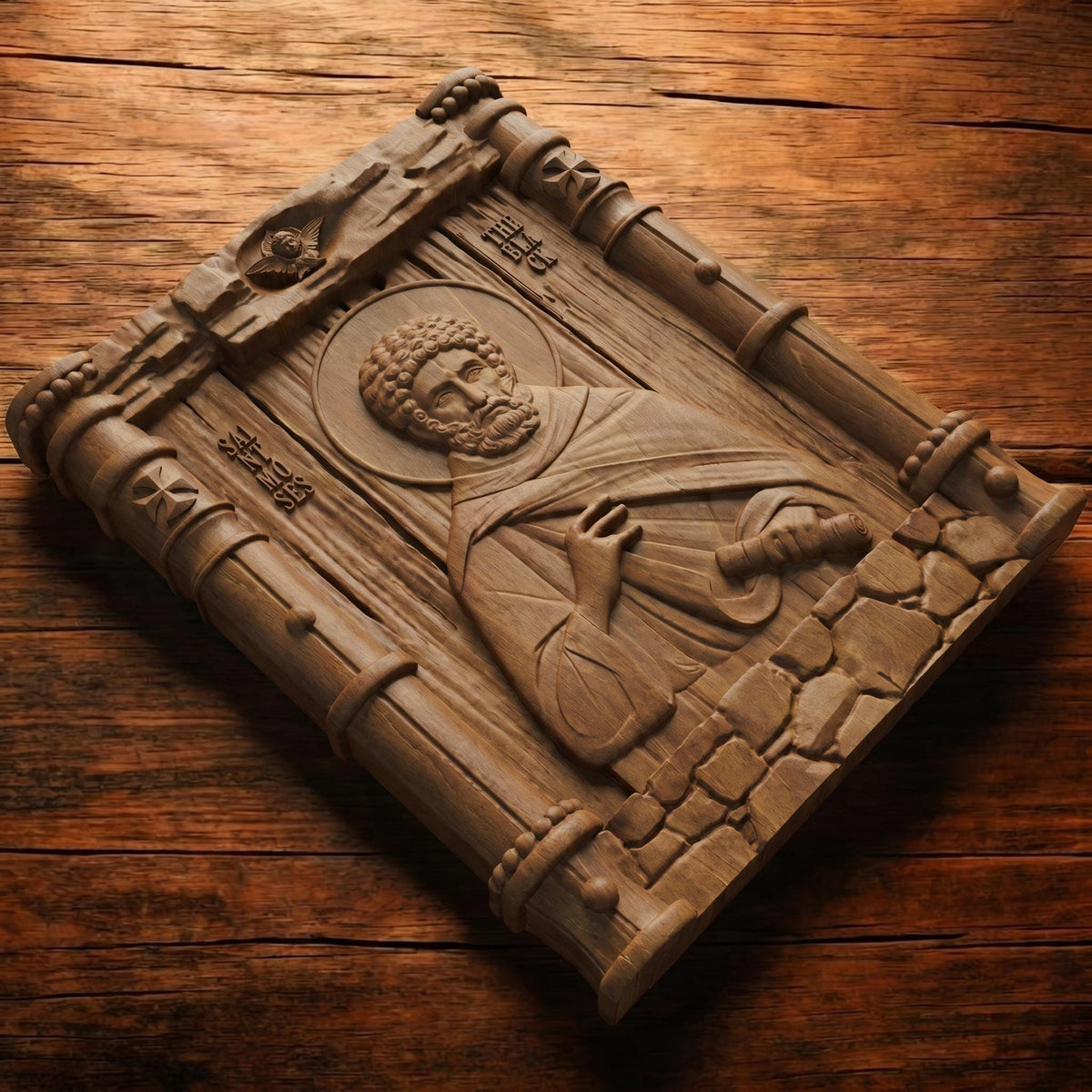 Saint Moses the Black Wooden Carved Handmade Christian Icon Patron Saint of Africa and non-violence Flat Side Brown Oak Cretan Holy Carvings