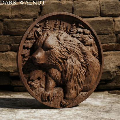 Bear in Plate Framed Bas Relief | Wooden Bear Carving | Sculptural Gift Idea